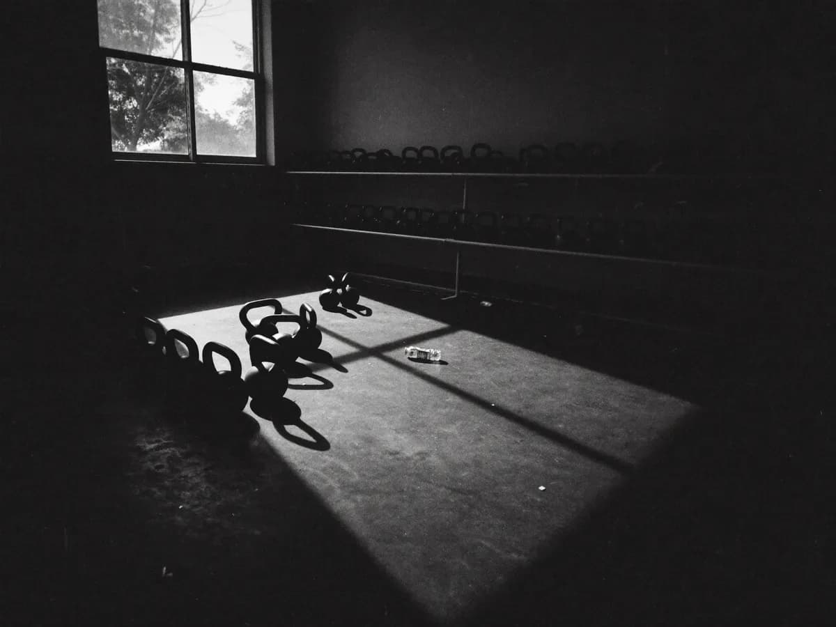 Sala de aula coletiva vazia, com kettlebells parados no chão