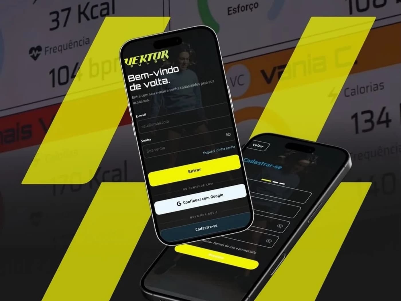 Telas reais do app Vektor Pulse (login e cadastro) sobre fundo com cards de frequência cardíaca de alunos