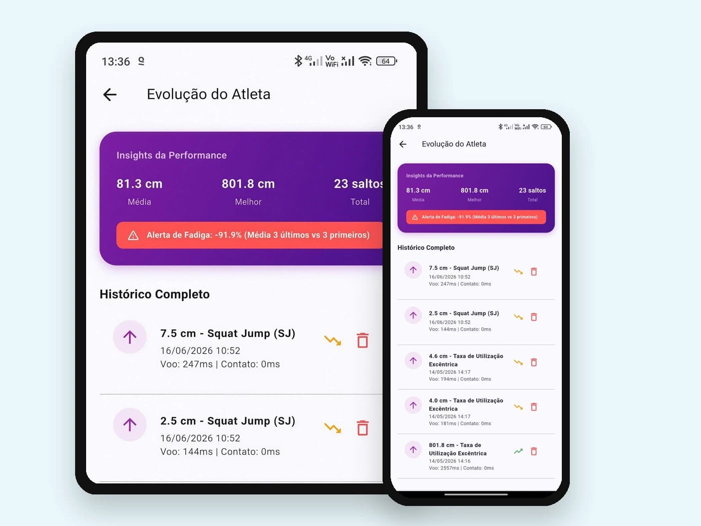 Tela de Evolução do Atleta com insights de performance e histórico completo de saltos salvos com datas