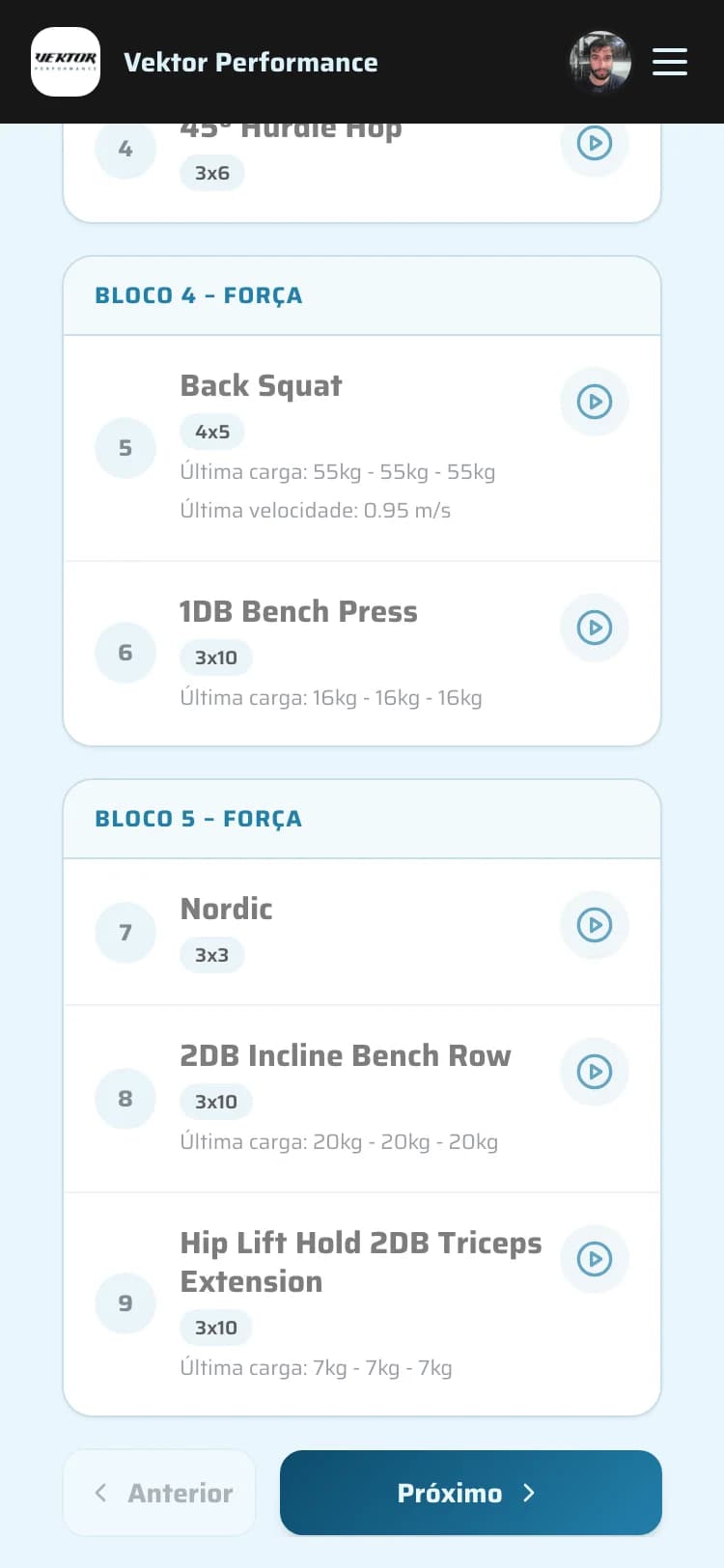 Registro de série com velocidade no app Vektor Performance